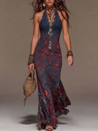 Serena - Retro Lace Halter Neck Floral Fishtail Maxi Dress