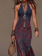Serena - Retro Lace Halter Neck Floral Fishtail Maxi Dress