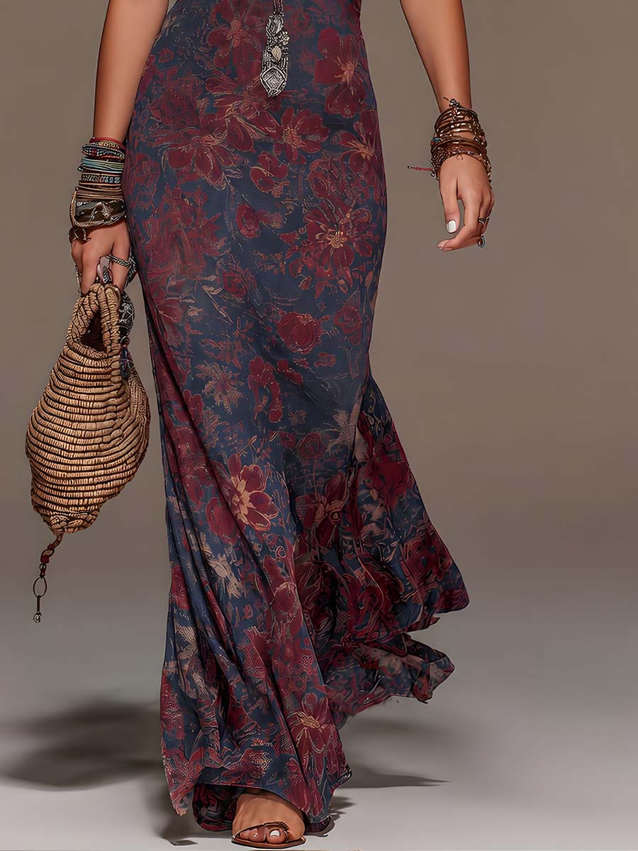 Serena - Retro Lace Halter Neck Floral Fishtail Maxi Dress