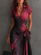 Red Black Abstract Print Wrap Midi Dress Collared V Neck Short Sleeve Tie Waist Ruffled High‑Low Hem Dress