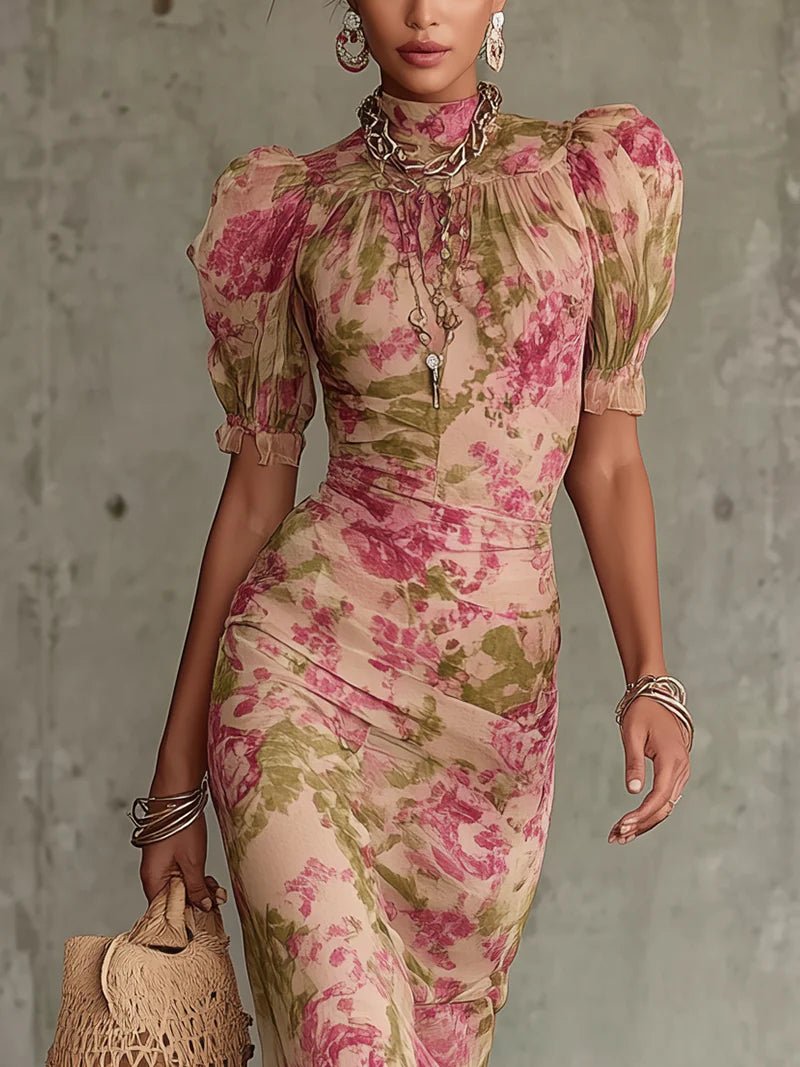 Bianca - Vintage Rose Print Maxi Dress with Puff Sleeves