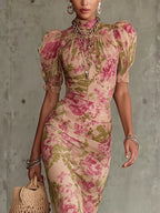 Bianca - Vintage Rose Print Maxi Dress with Puff Sleeves