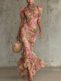 Bianca - Vintage Rose Print Maxi Dress with Puff Sleeves