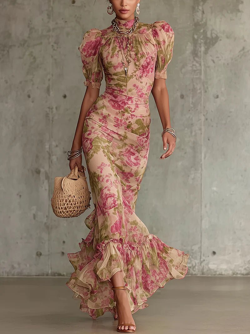 Bianca - Vintage Rose Print Maxi Dress with Puff Sleeves