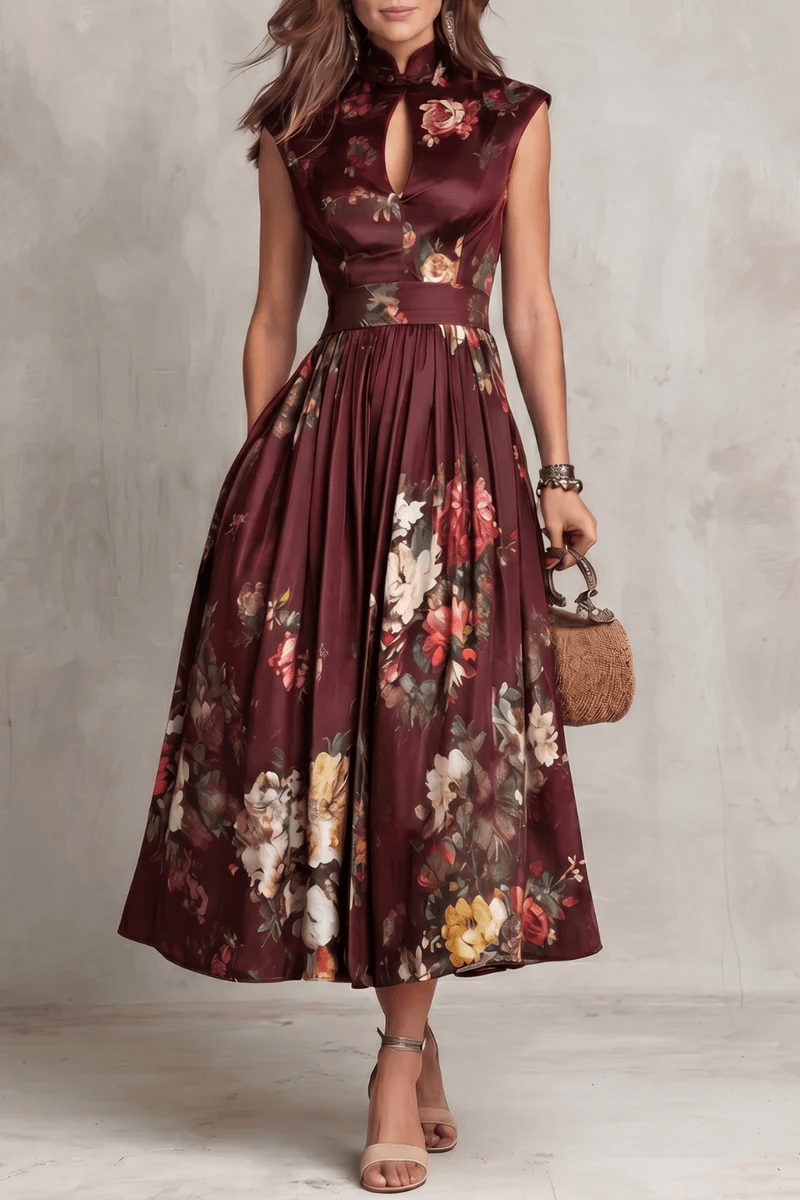 Valerie - French Collar Floral Pleated Satin Midi Dress