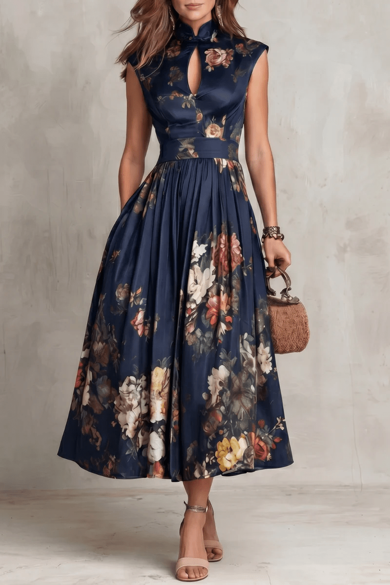 Valerie - French Collar Floral Pleated Satin Midi Dress