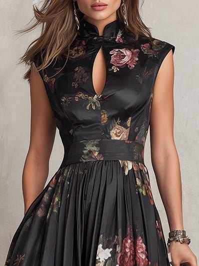 Valerie - French Collar Floral Pleated Satin Midi Dress