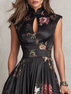 Valerie - French Collar Floral Pleated Satin Midi Dress