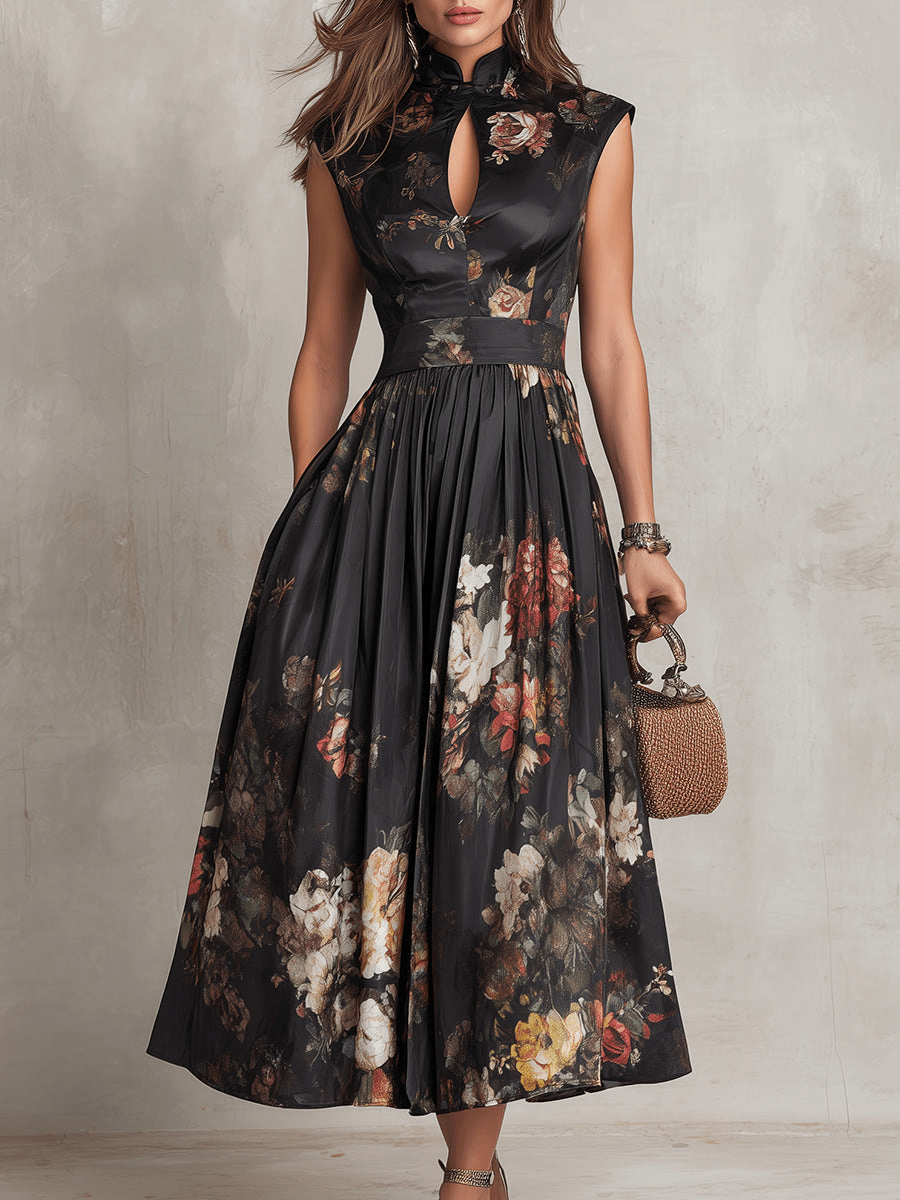 Valerie - French Collar Floral Pleated Satin Midi Dress