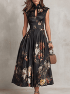 Valerie - French Collar Floral Pleated Satin Midi Dress