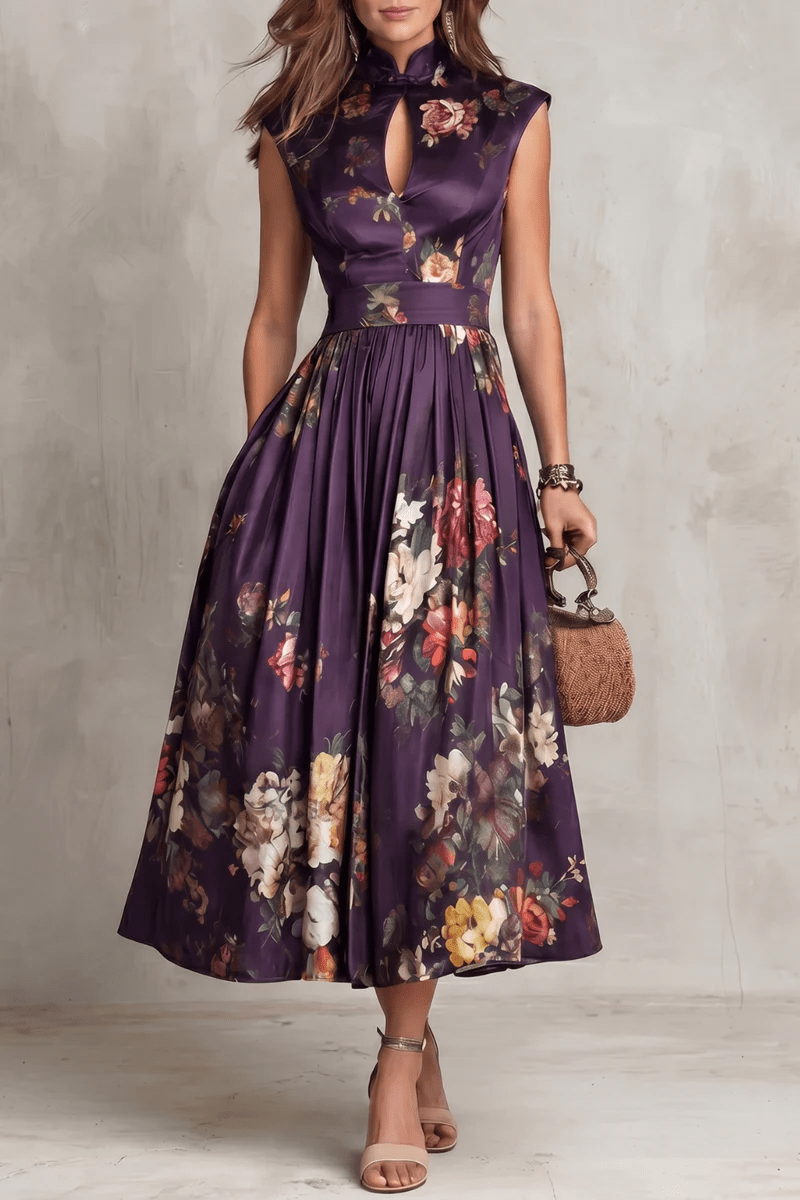 Valerie - French Collar Floral Pleated Satin Midi Dress