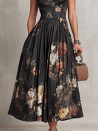 Valerie - French Collar Floral Pleated Satin Midi Dress