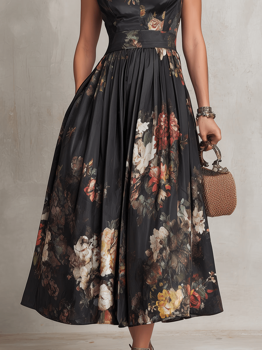 Valerie - French Collar Floral Pleated Satin Midi Dress