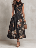 Valerie - French Collar Floral Pleated Satin Midi Dress