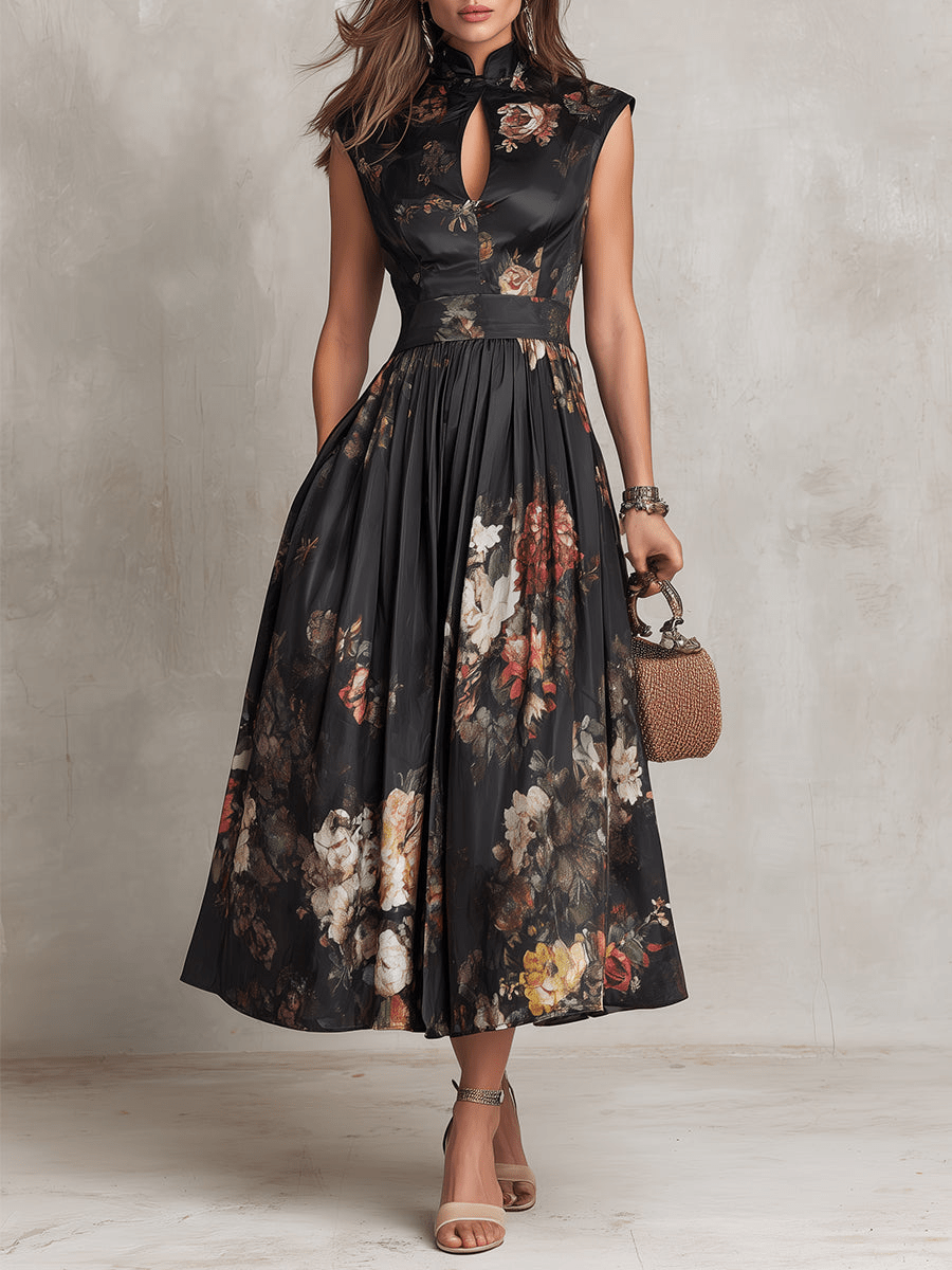 Valerie - French Collar Floral Pleated Satin Midi Dress
