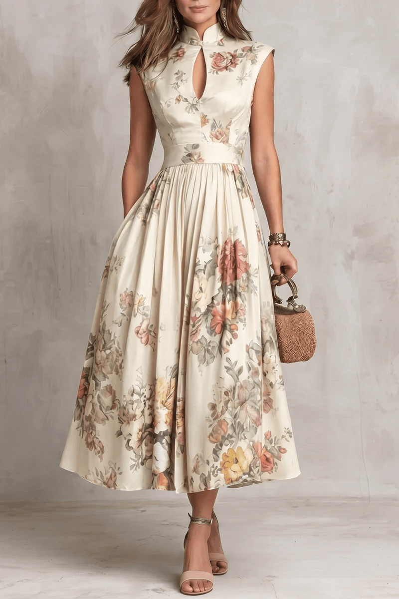 Valerie - French Collar Floral Pleated Satin Midi Dress