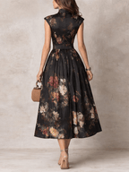 Valerie - French Collar Floral Pleated Satin Midi Dress