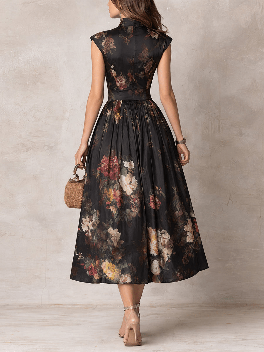 Valerie - French Collar Floral Pleated Satin Midi Dress